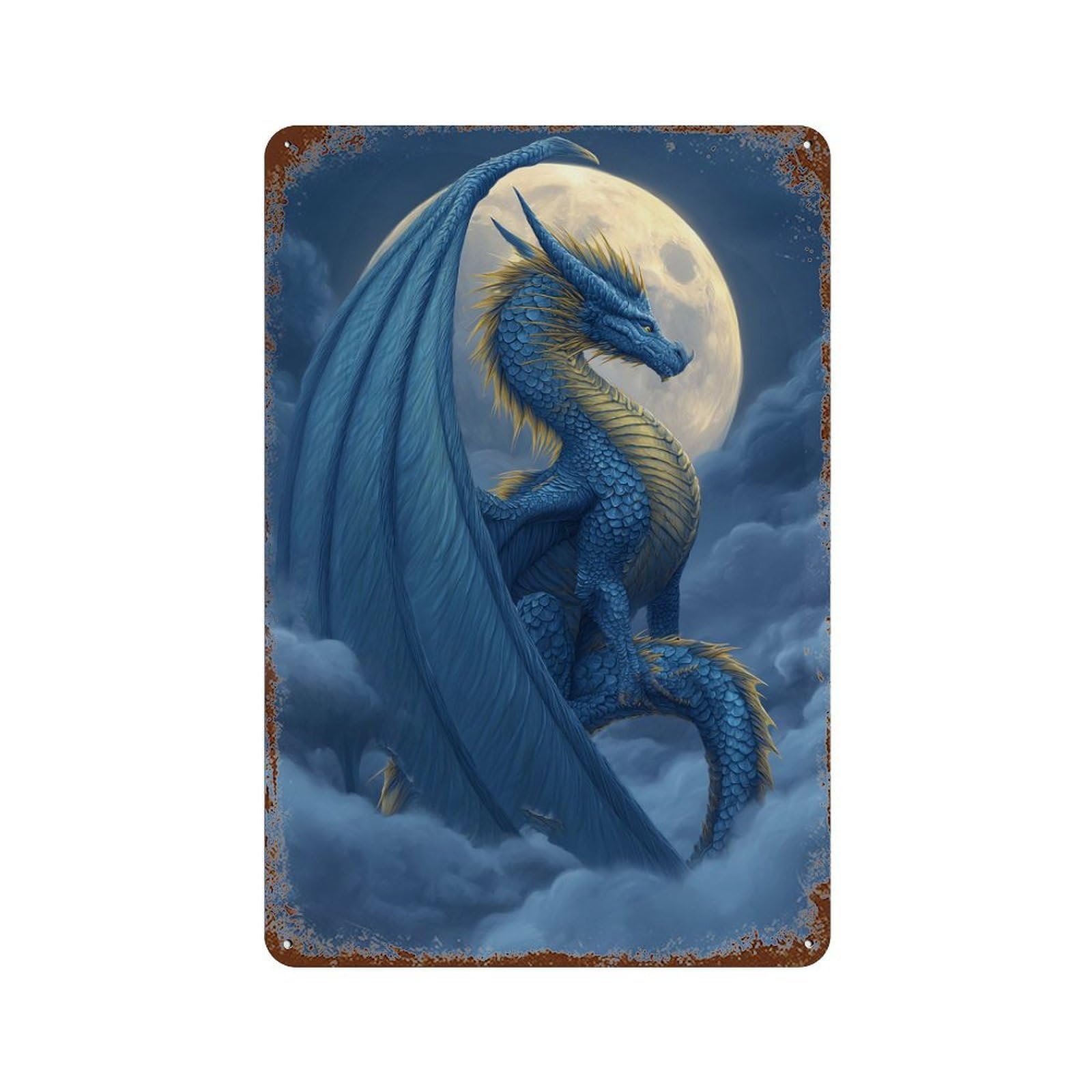 Blue Dragon Moonlit Sky Aged Metal Wall Plaque 11.8"x7.9", Rustic Home Decor for Garage, Pub Or Kitchen