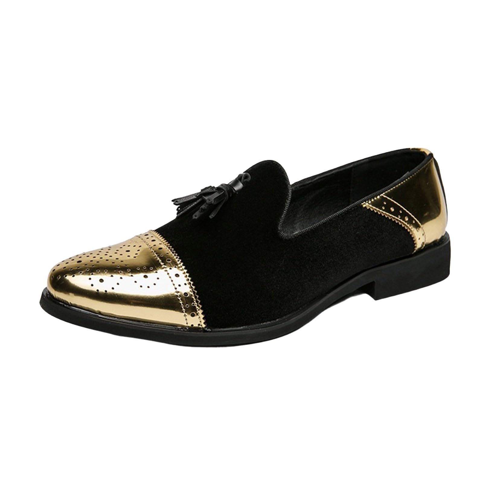 Mocasines de terciopelo para hombre, con borlas, dorados, metalizados, elegantes, sin cordones, para bodas, bailes de graduación y eventos de alfombra roja, Black, 41 1/3 EU