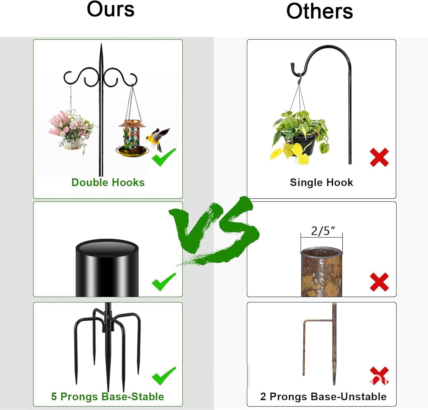 TOPROAD Adjustable Double Shepherds Hook for Outdoor, 108” Bird Feeder Poles with 5 Prongs Base, Garden Pole for Hanging Plant Baskets, Lantern, Bird Nests, Weddings Decor(2 Pack)