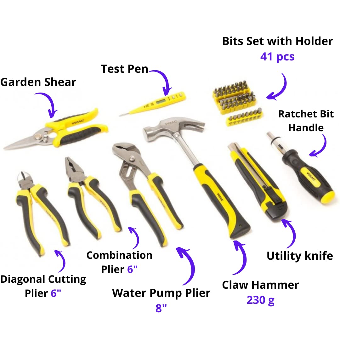 WMC TOOLS Basics - Set di attrezzi per la casa con martello, forbici da giardino, cacciavite, pinze, set con borsa per attrezzi, attrezzi di base, con borsa