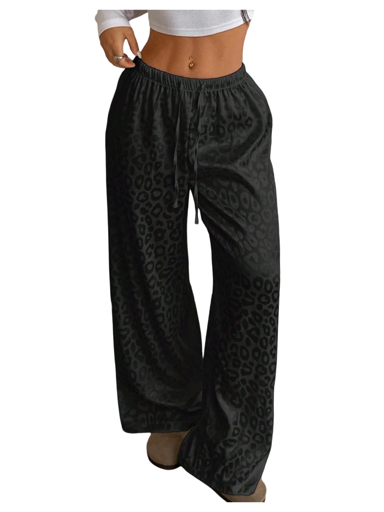 SHENHE Womens Leopard Print Wide Leg Pants Elastic High Waist Y2k Cheetah Pants Loose Trousers