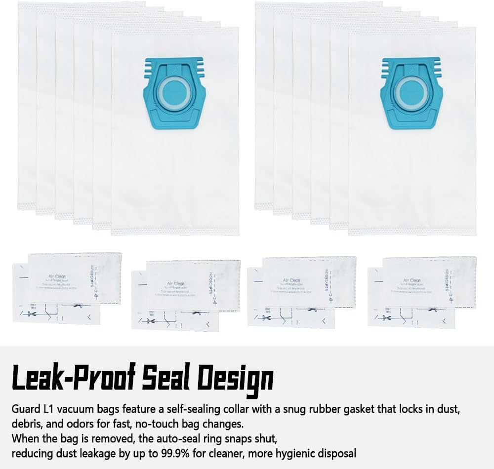 Vacuum Cleaner Bag Fit for Miele Guard L1 S1 Series Canister Vacuum Cleaners 12pcs, with 4 Air Clean Exhaust Filters 4 Motor Protection Filters