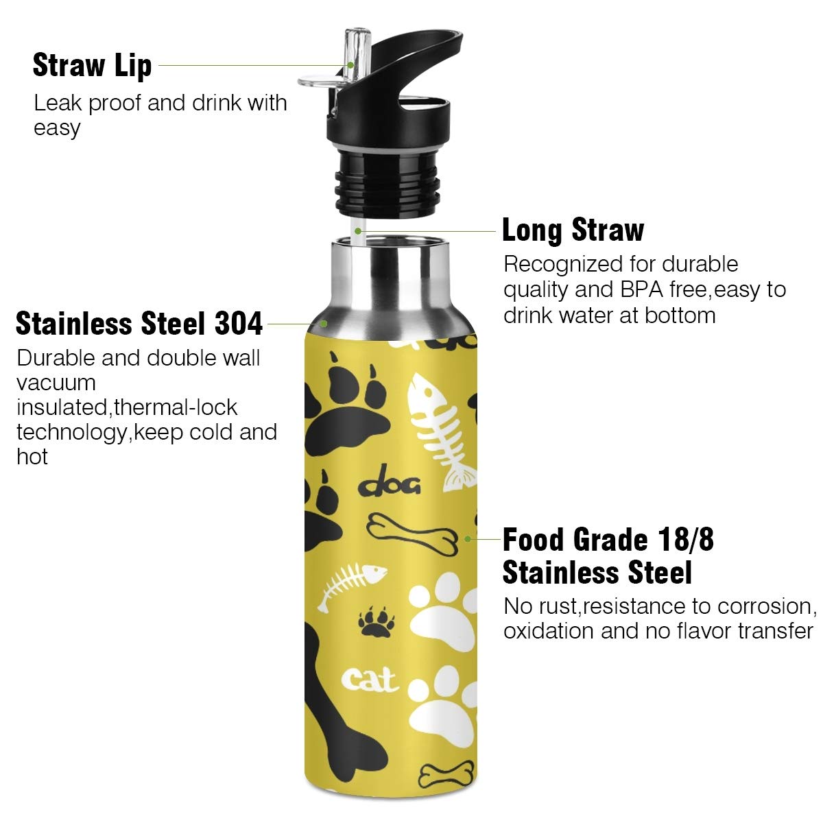 Senya Edelstahl-Wasserflasche Mit Strohhalm – 590 Ml, Isoliert, Auslaufsicher, Neon-Katze Design