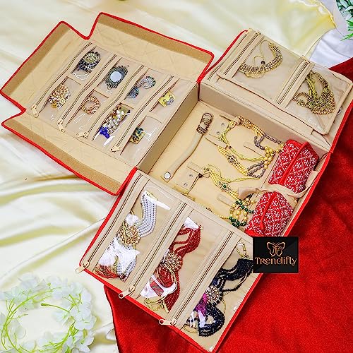 Image of Trendifly silk Lucknowi Jewellery Organiser Box for women Necklace organizer pouches Travel Makeup Cosmetic Earrings Jewelry Storage box for Bridal Gifting (Red)
