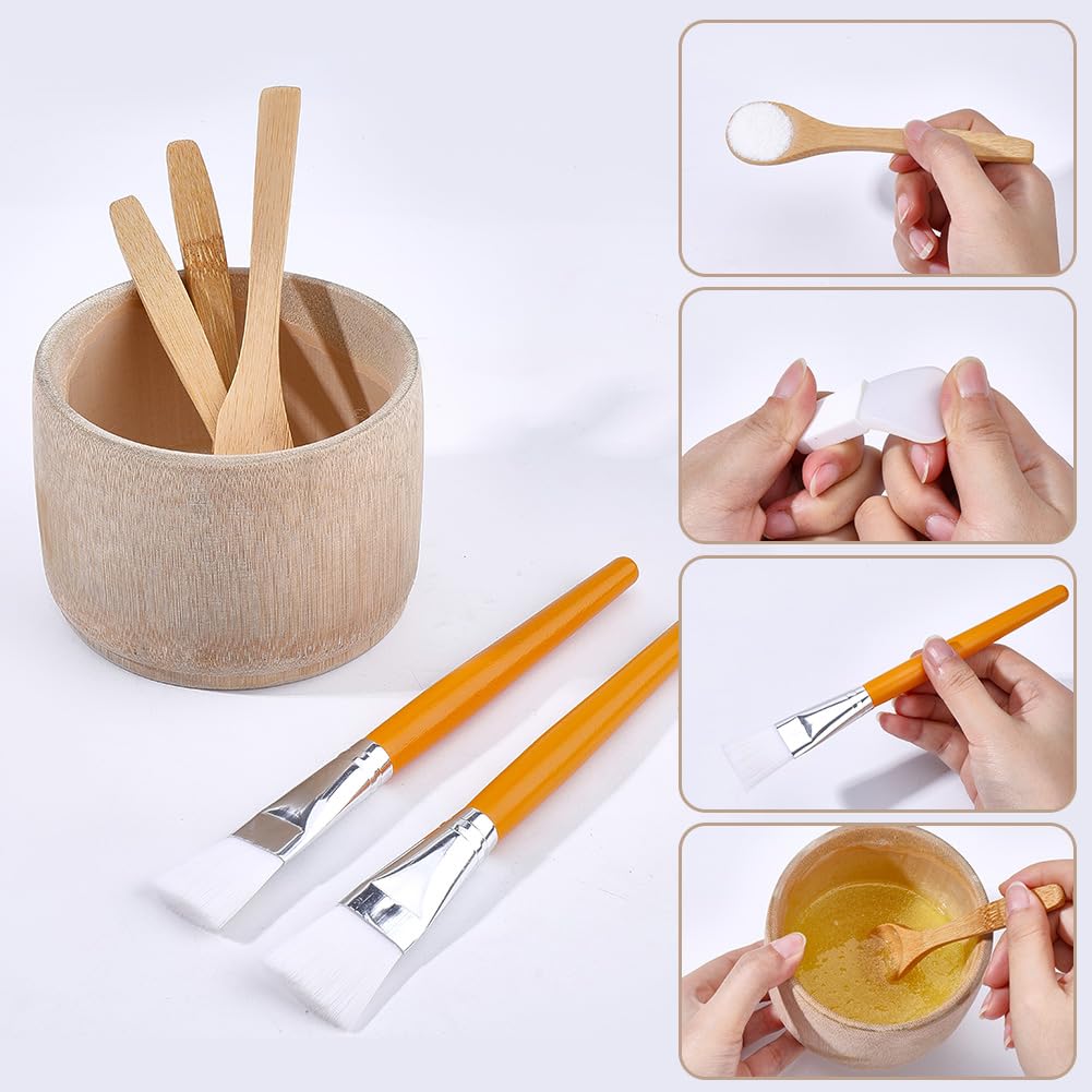 WEBEEDY 15 pezzi in bambù per estetista comprendente ciotole per maschere, spazzole a ventaglio, spazzole piatte per viso, spatole per maschere, spugne per viso e cucchiai, set di ciotole maschere