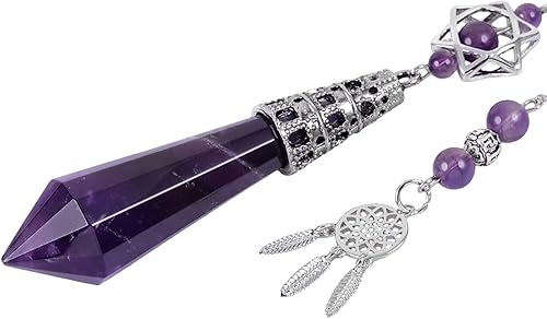 Miniatura 2 de Nupuyai 2 péndulos de punto de cristal de amatista curativa para meditación de adivinación de radiestesia, piedra facetada con cadena