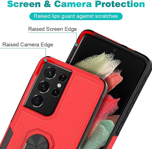 Miniatura 4 de Funda para Samsung Galaxy S21 Ultra 5G AWZHYDT de doble capa a prueba de golpes magnética con soporte de anillo resistente y (2 unidades) película