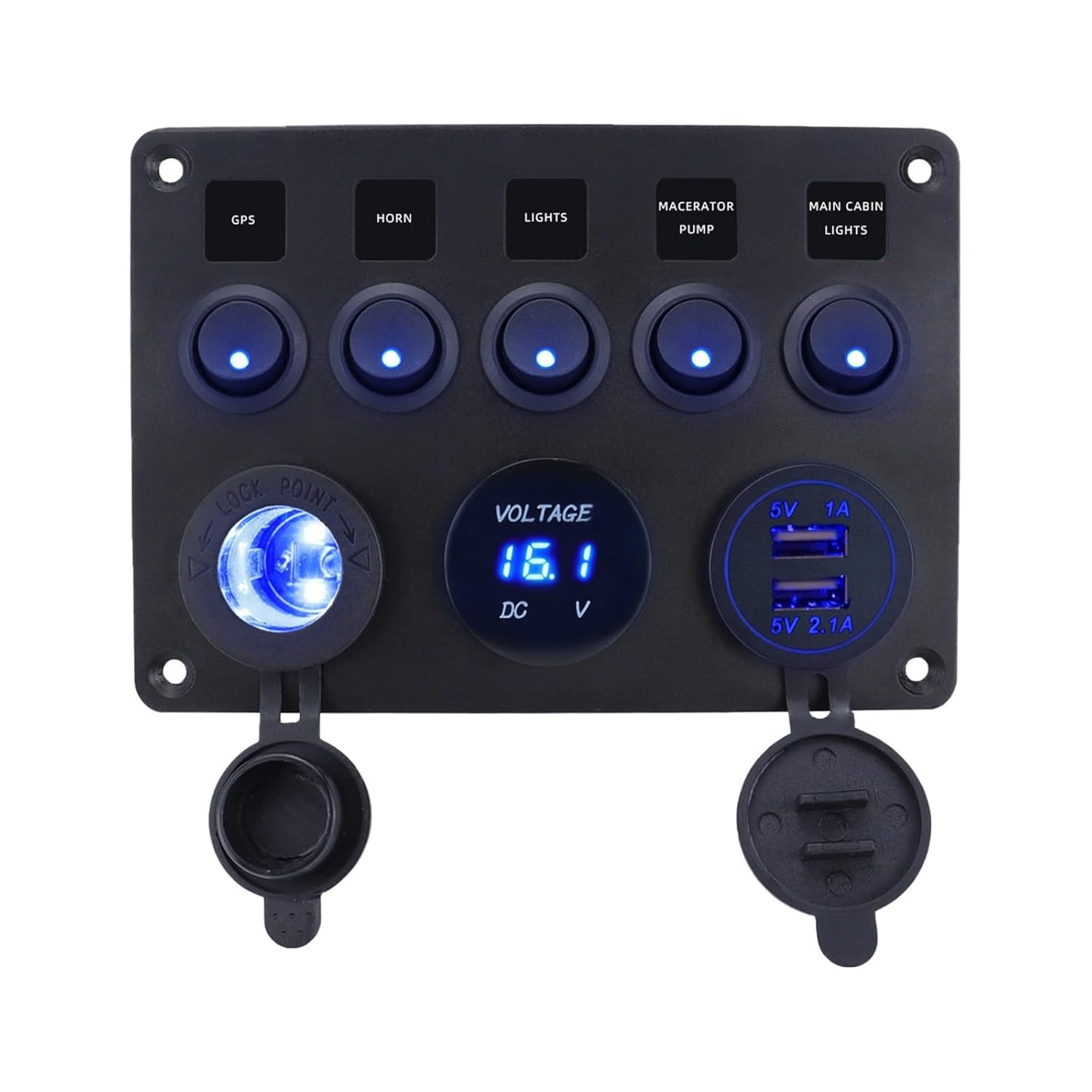 Yacht RV 5-Digit Cat's Eye Blue LED Light Modified Switch Panel car Boat Switch with USB Cigarette Lighter