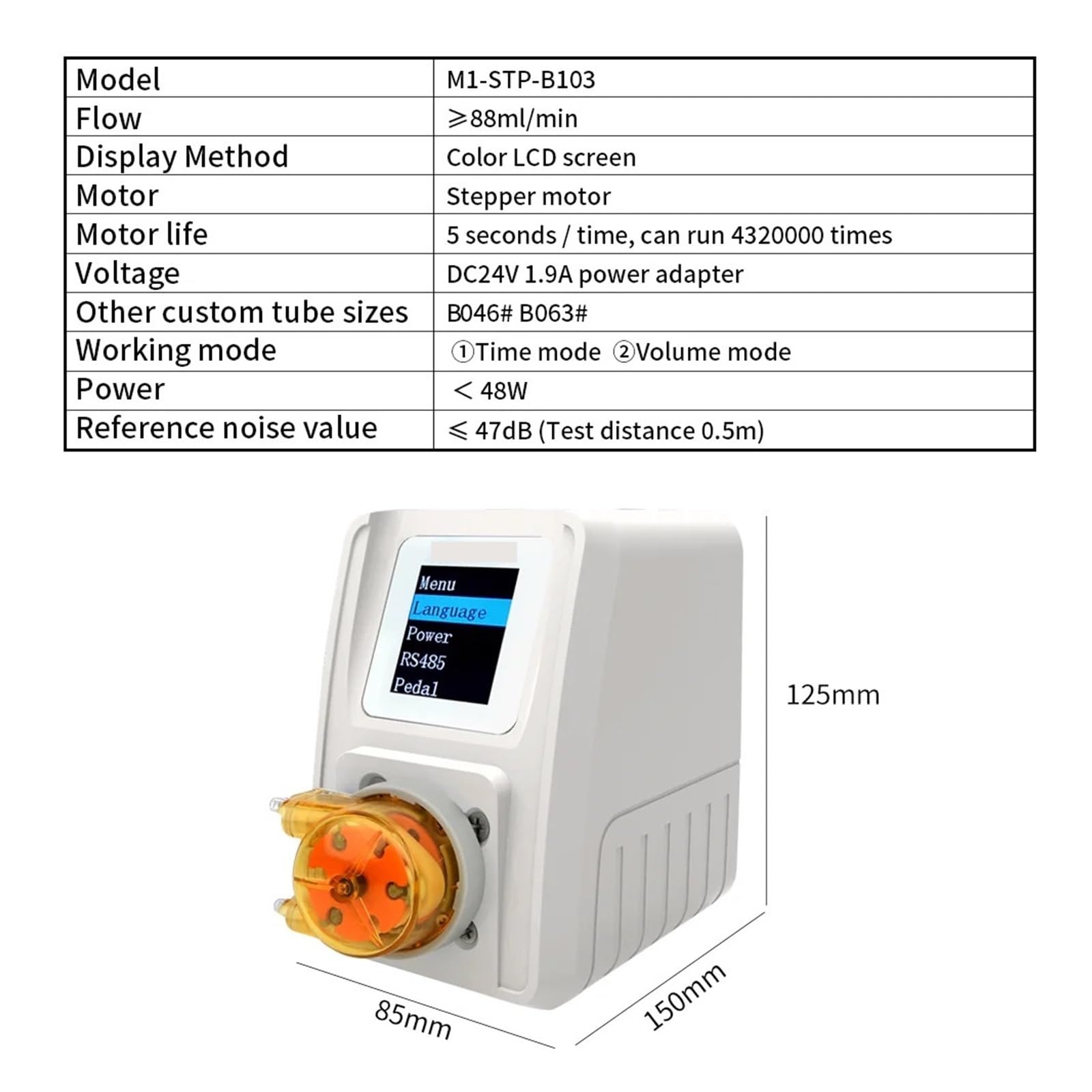 Peristaltic Pump 88ml/min M1 Adjustable 24V High Precision Stepper Dosing Pump with LCD Screen, RS485 for Lab, Aquarium