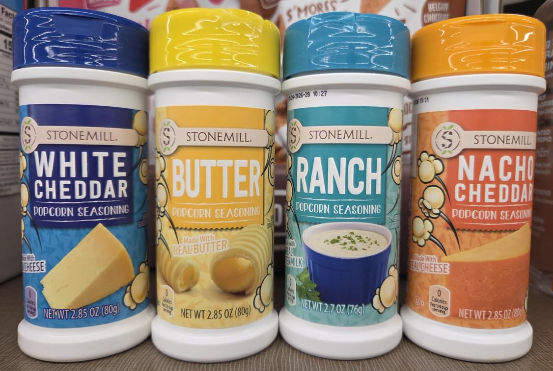 TraderB Stonemills 4 Popcorn Seasoning: Ranch, White Cheddar, Nacho Cheddar, Butter (Four Bottles)
