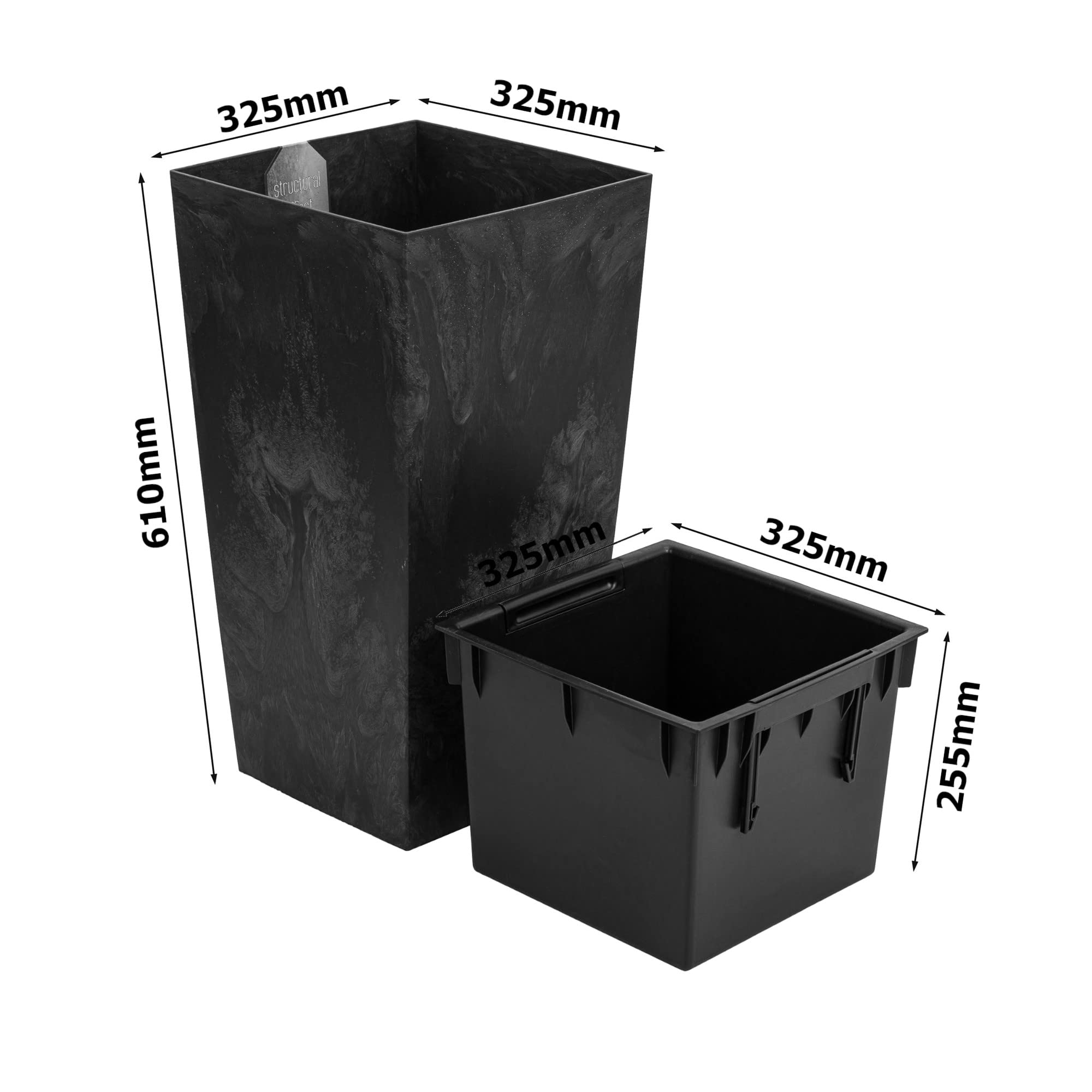 Donica na kwiaty, 49 l, z wkładem, 25 l, wygląd betonu, wys. 610 mm, doniczka z tworzywa sztucznego, kwadratowa, betonowa, kolor antracytowy, do użytku wewnątrz i na zewnątrz, do ogrodu, patio, salonu