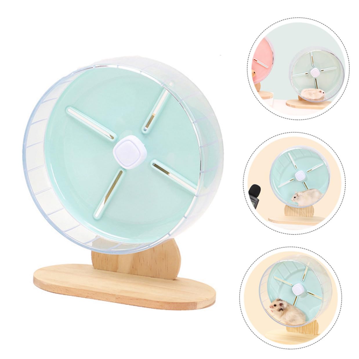 Rueda Silenciosa para Hámster con Soporte Estable Juguete para Ejercicio de Pequeños Roedores como Erizos y Chinchillas Azul con Base de Madera para Jaulas
