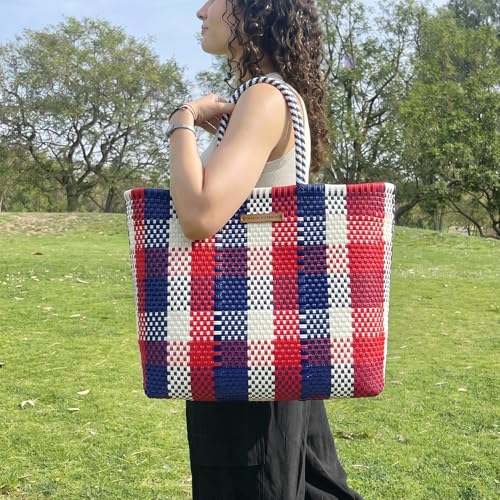 Image of MARIA VICTORIA Handwoven Plastic Mexican Tote Bag Large For Women, Waterproof, Lightweight, Multi-Color Design, Perfect for the Beach, Shopping, and Everyday Use, Americana250 Large