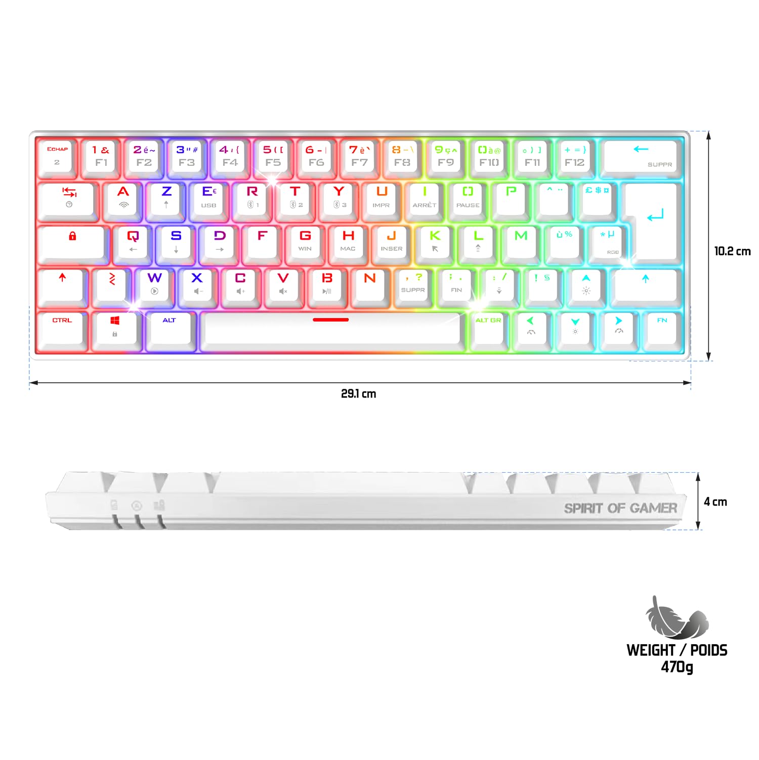 Spirit Of Gamer XPERT K200 | Clavier Gamer sans Fil & Bluetooth RGB | TKL AZERTY Ultra Compact 60% | Switches Rouges mécaniques Anti-Ghosting | Compatible Windows, Smartphone & Tablette (Blanc)