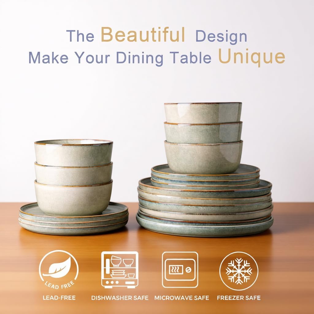 AmorArc Stoneware Dinnerware Sets for 4,Round Reactive Glaze Ceramics Plates and Bowls Set,Highly Scratch Resistant Dishware | Dishwasher & Microwave Safe Dishes Set,Service for 4 (12pc) - Image 2