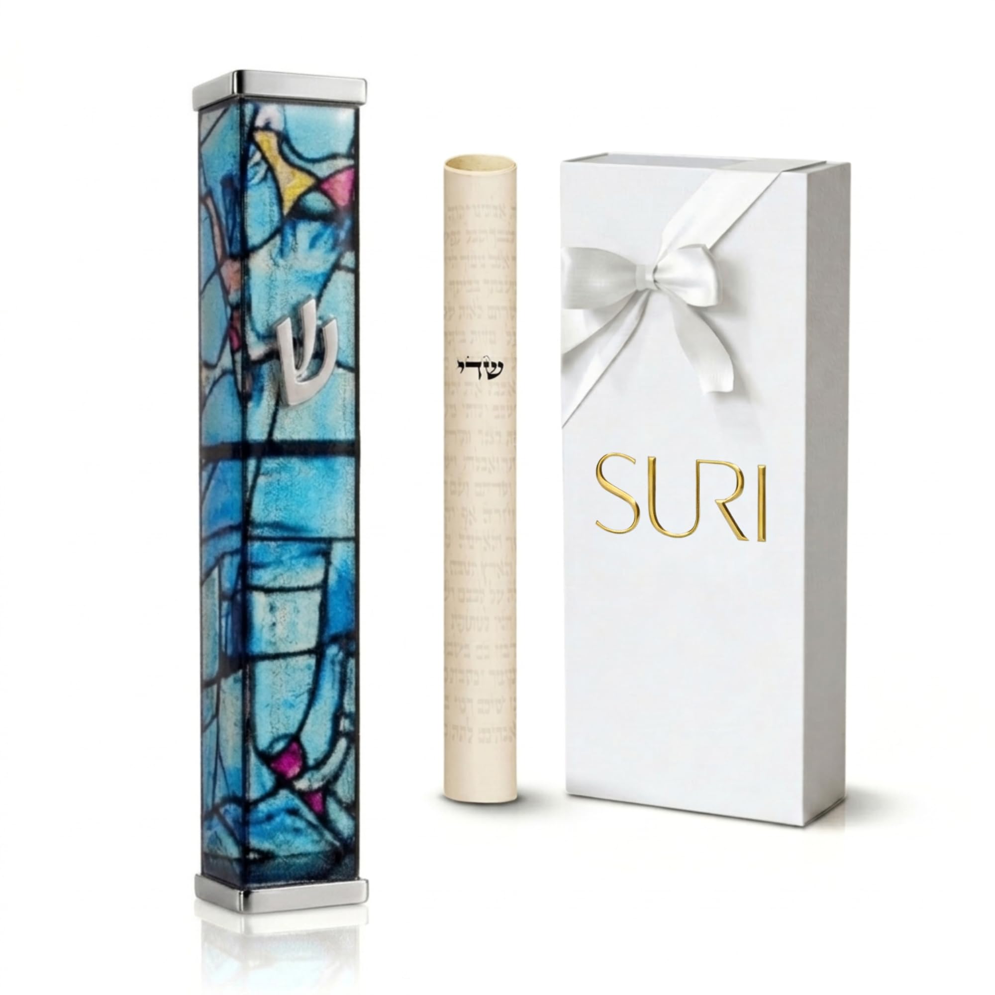 SURI Mezuzah with Scroll for Door | 6 Inch Modern Aluminum Mezuzah Case | Fits 5 Inch Scroll | Gold &amp; Silver Chagall-Inspired Design | Self Adhesive Easy Install | Judaica Jewish Gift