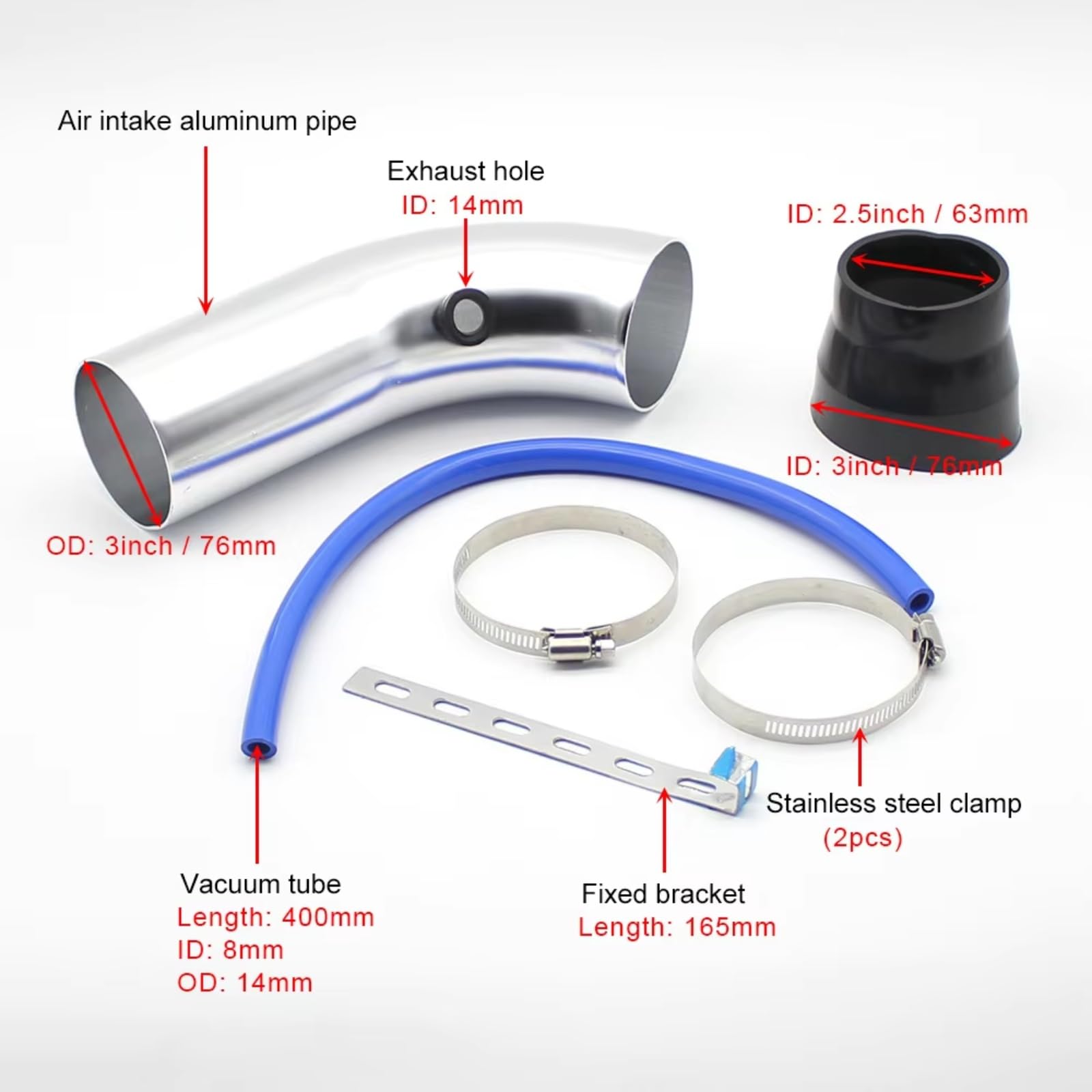 HILLAR Tubo De Admisión De Aire Kit Filtro Entrada Aire Frío Alto Flujo Universal 76mm Tubo Cabeza Seta Apto Rendimiento Turbo Coche(Negro)