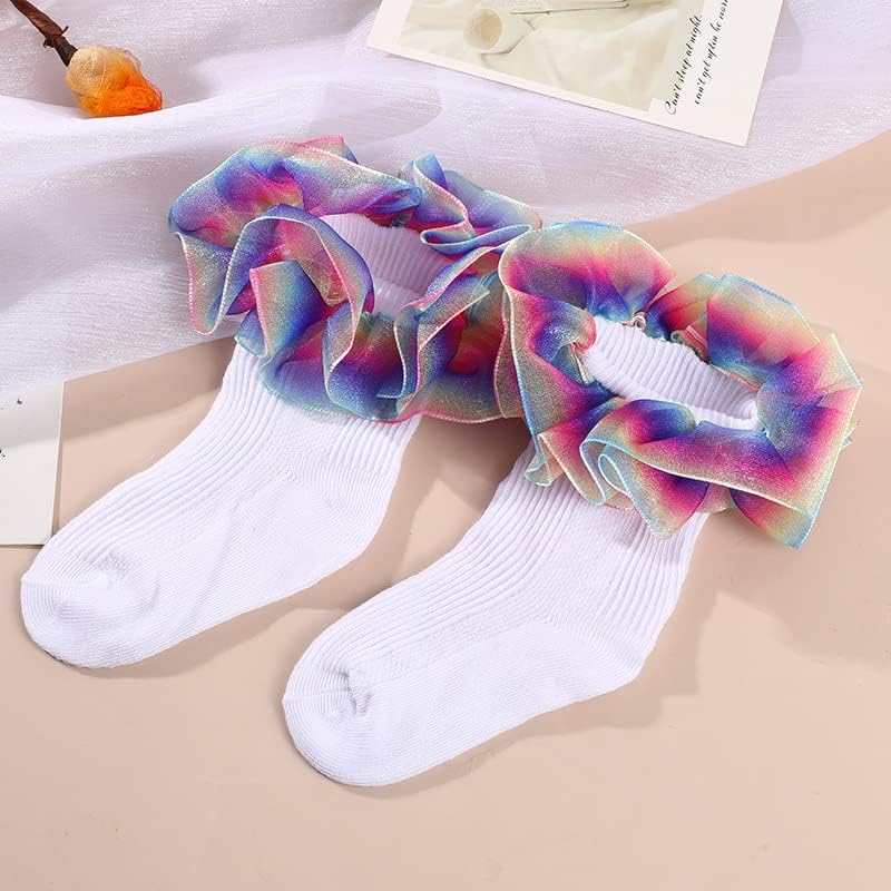 Hopply Toddler Girls Double Lace Socks Turn Cuff Shimmering Big Ruffle Rainbow Style Dress Lace Socks for Infant Kids - Image 3