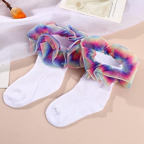 Hopply Toddler Girls Double Lace Socks Turn Cuff Shimmering Big Ruffle Rainbow Style Dress Lace Socks For Infant Kids #TOP3
