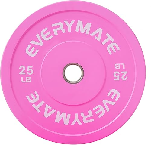 Miniatura 11 de EVERYMATE Placas de Peso Rosa 10LB 15LB 25LB 35LB 45LB Placas Olímpicas Bumper Placas de Peso con Agarre para Entrenamiento de Fuerza y Crossfit