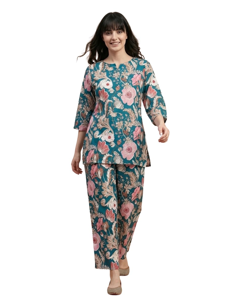 Bewakoof Teal Blue Ethnic Co ord Set for Women |Printed Cotton Blend Kurta Set |Tunic and Pant Matching Sets for Womens |Style Daily/Casual/Party/Office Wear Cord Set (S to 6XL) in blue