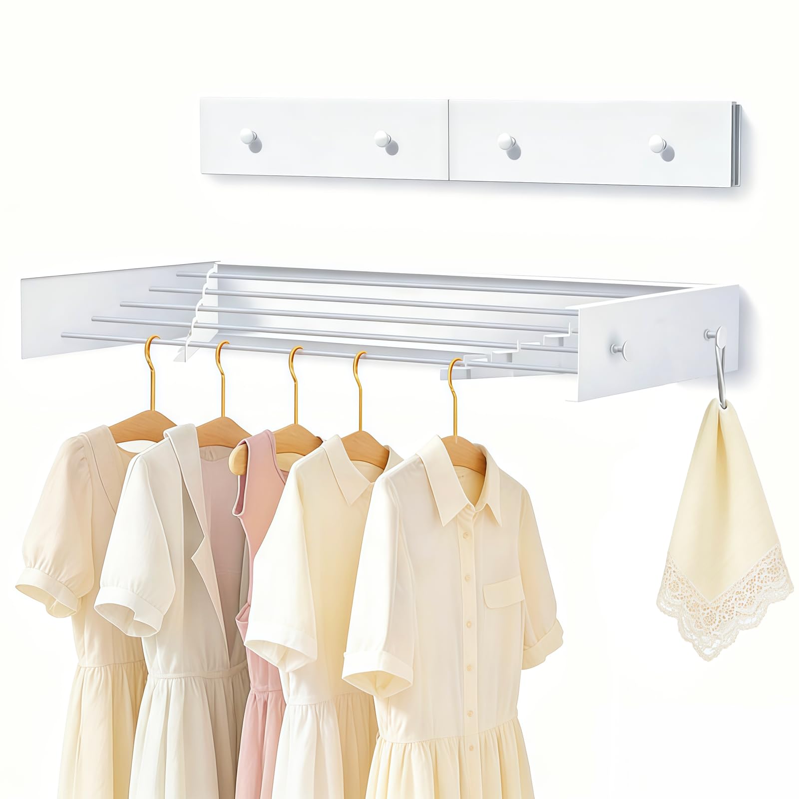 Tendedero de pared de acero al carbono, 60 cm, tendedero extensible con 4 ganchos, capacidad de carga de 25 kg, toallero de ahorro de espacio, adecuado para balcones, terrazas y baños (blanco)