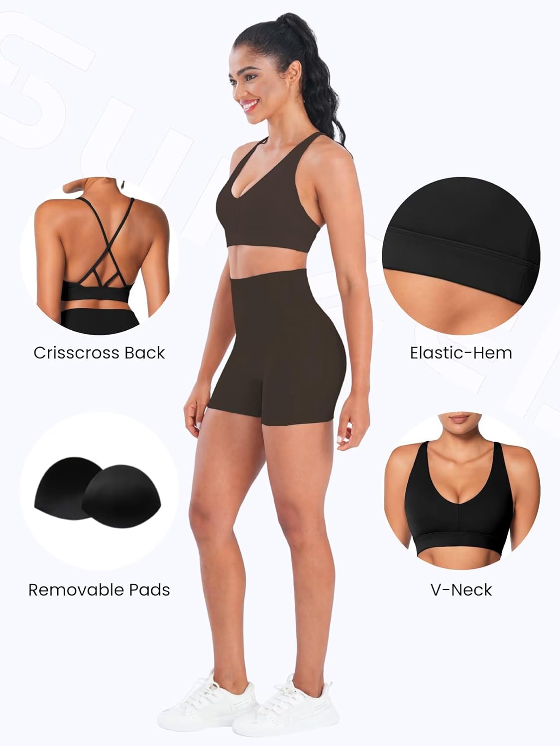 Sunzel V Neck Strappy Sports Bras for Women Criss Cross Back Halter Yoga Bra Removable Cups Padded Workout Running Gym Tops