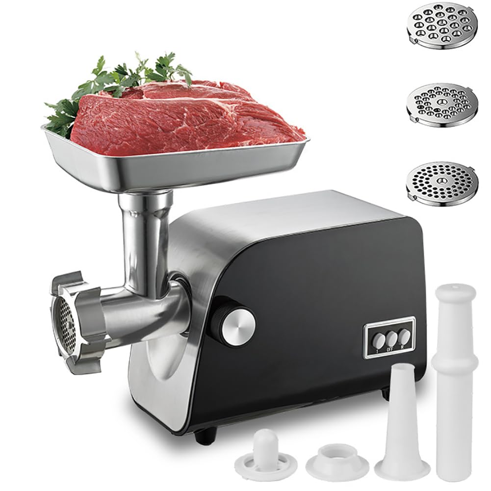 Picadora eléctrica de carne de 1200 W, máquina de picar automática de embutidos, máquina picadora de carne multifuncional, con 3 placas de corte, función inversa