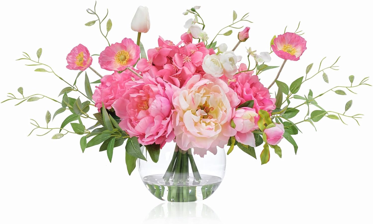 Artificial Flowers in Vase, WELL KNOWN Silk Hydrangea Bouquet and Peonies Artificial Flowers Table Centerpieces with Faux Water for Home Decor Fake Tulips Flower Arrangements for Table Decor (Fuchsia)
