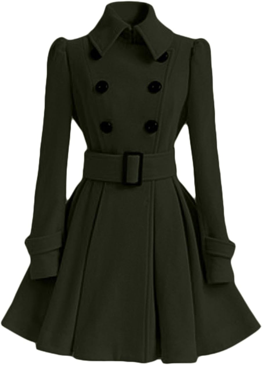 Women Classic Retro Long Sleeve Waistband Swing Woolen Coat Outwear