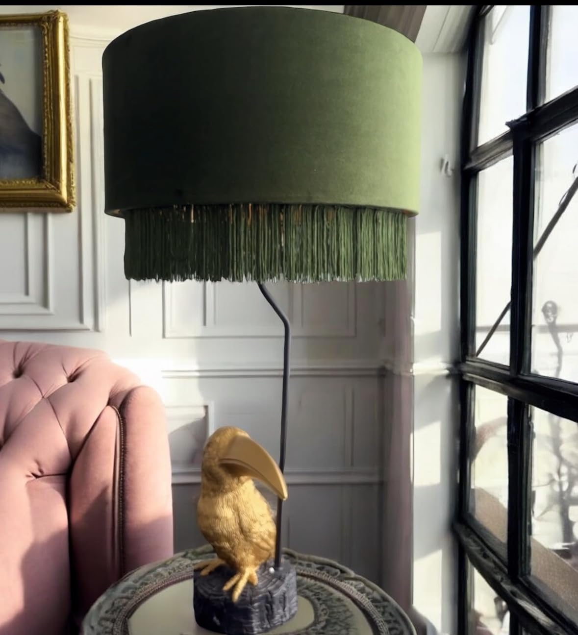 Tristan Home Premium Velvet Drum Lamp Shade with Fringe (Olive Green) 35cm Width 24cm Height Including Fringe, Medium