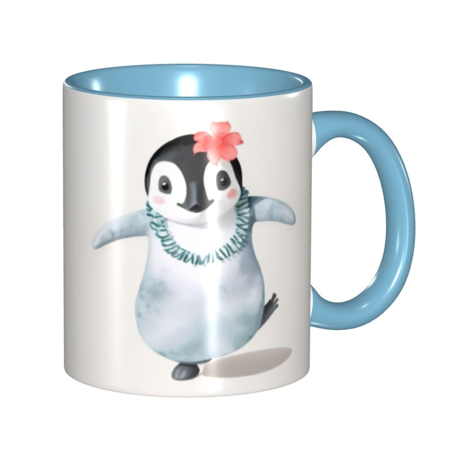 KHDKLXOHZ Cute Penguin Wearing Flowers Double Color Ceramic Mug – 3D Pattern 11oz Coffee Mug & Tea Drinking Cup, Two Tone Color Ceramic Cups
