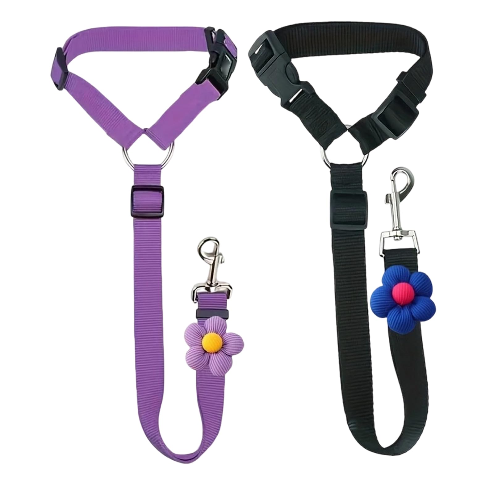 2 Pcs Dog Car Seat Belt - Adjustable Pet Harness for Cars UK, Anti Shock Elasticated Cushioned Dog Restraint Lead (Black & Purple with Flower)