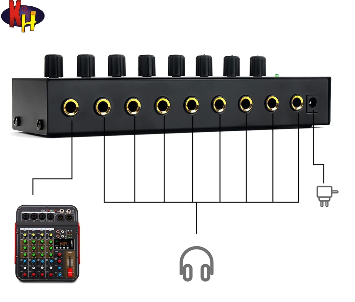 kh HA800 Mixer Headphone Amplifier Audio Amp Ultra Compact 8 Channels Mini Audio Stereo Microphone AMP with Power Adapter for Studio Stage Podcast Recording Mixing Monitoring — Amazon image 4