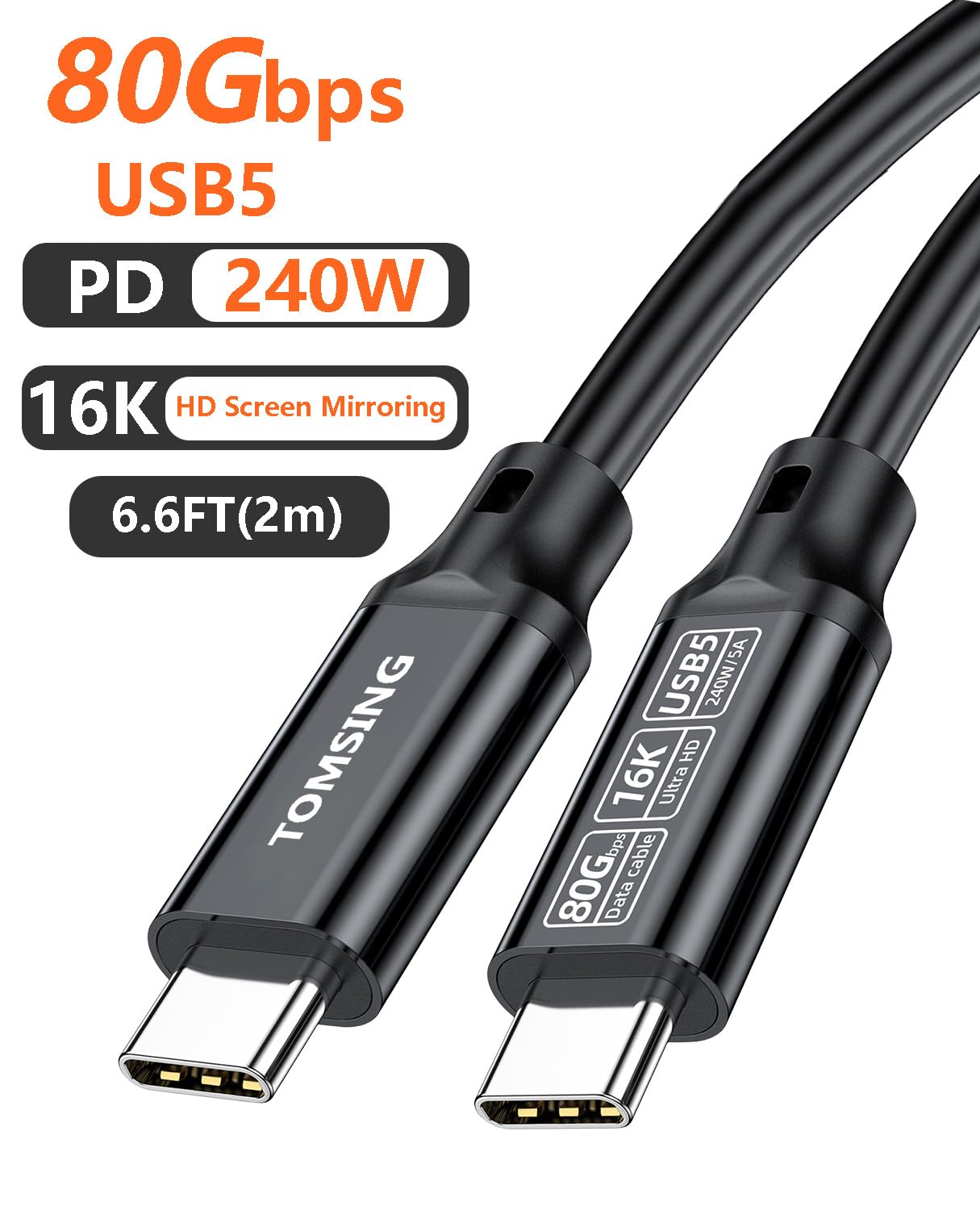 Cavo di ricarica rapida da USB C a USB C, 240 W, 2 m, USB 5 80 Gbps ad alta velocità, video HD 16K, nylon intrecciato, cavo di tipo C da maschio a maschio per laptop, smartphone, monitor (nero