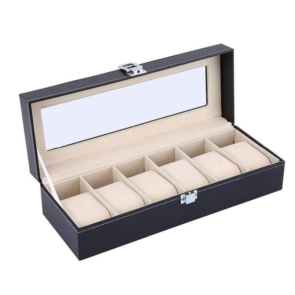 XBTGS Joyero con 6 ranuras, caja de almacenamiento para relojes con tapa de cristal como regalo, con forro de terciopelo, cojines y cerradura
