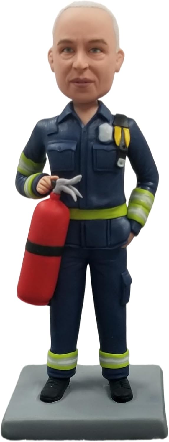Custom Bobblehead, 3D Figurine from Photo Firefighter Bobbleheads with Fire Extinguisher Uniform Outfit, Personalized Desk Decor Gifts for Firefighters Birthday Retirement Celebration
