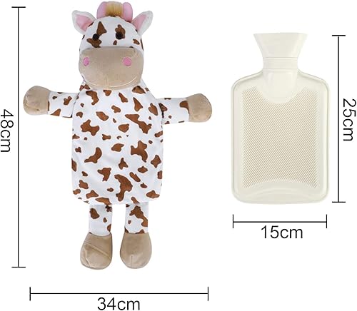 Miniatura 2 de Mini calentador de botellas de agua caliente con linda funda de animal de peluche de vaca, cintura, cuello, hombro, bolsa de agua fría y caliente,