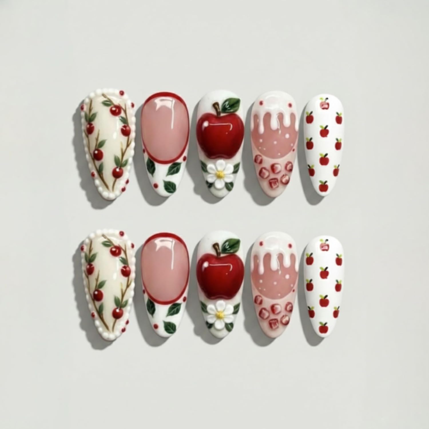 Spring Press on Nails - Medium Almond Cherry Apple Design