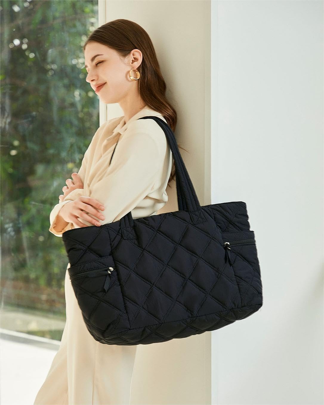 Prite Quilted Tote Bag for Women, Lightweight Puffer Tote with Zipper, Travel Work Nurse Gym Bag(Black) - Image 2