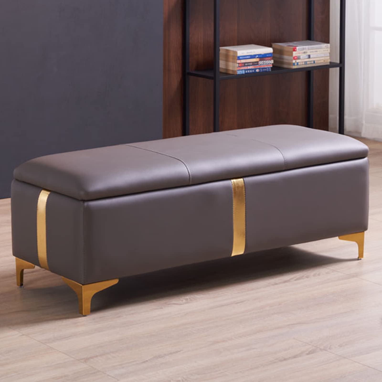 Banc de rangement rembourré grand pouf coffre en cuir gain de place entrée