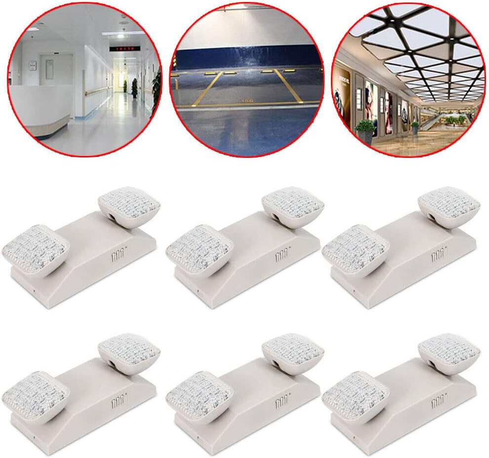 Double-Ended Emergency Lights, LED Emergency Exit Lighting Fixtures, Wall Mounted White Lighting Fixtures, Two LED Heads, UL 924 Qualified, Suitable for Corridors/Stairs (6 Units)
