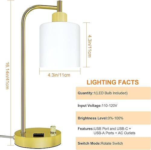 Miniatura 6 de Lámpara de mesa industrial, lámpara de escritorio dorada regulable continua, lámpara de mesa dorada con 2 puertos USB y toma de corriente alterna,