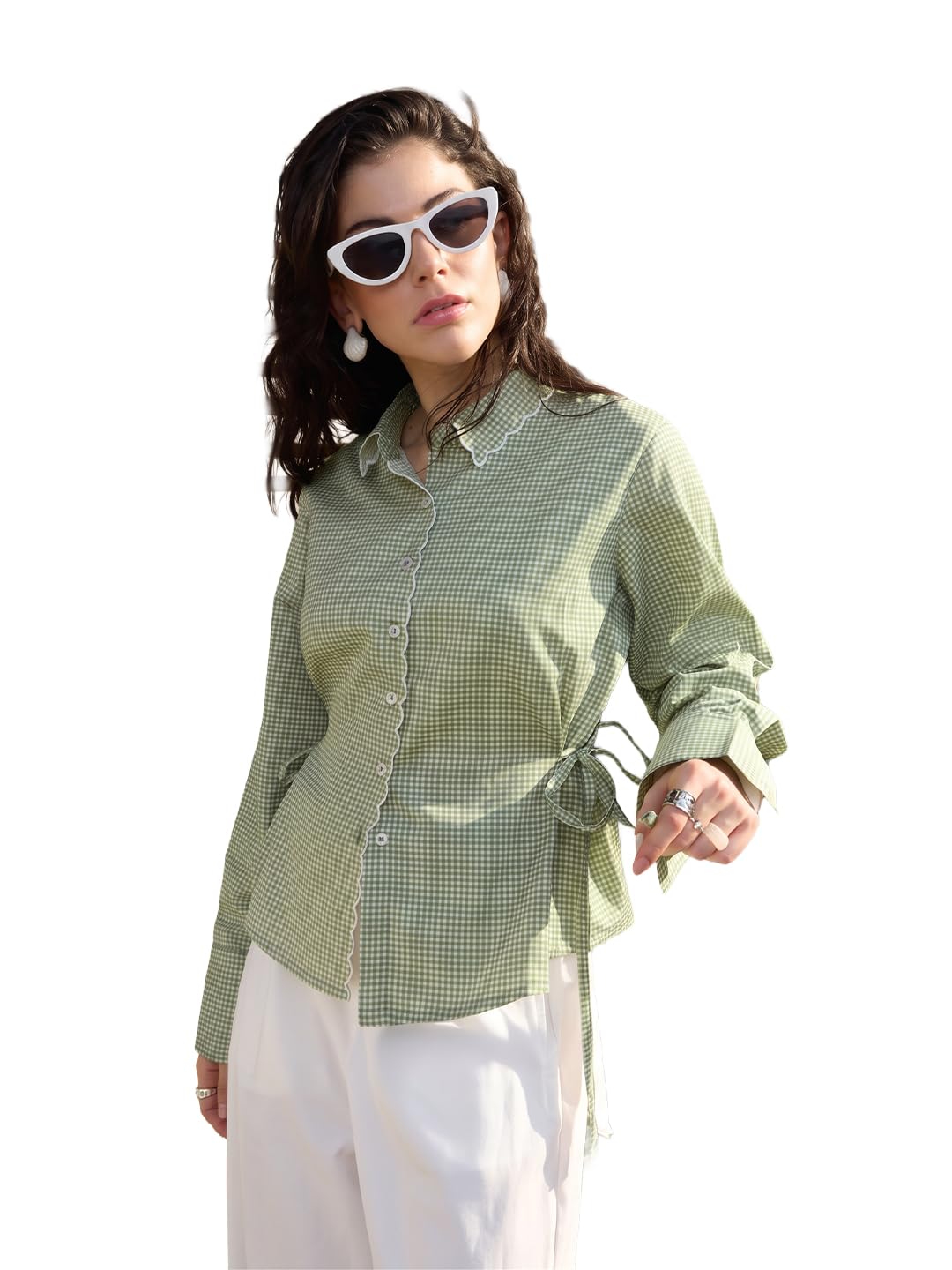 The Souled Store Plaid Shirt: Tulip Women and Girls Full Length Sleeves Collared Green and White Gingham Plaid Cotton Regular Fit Scalloped Edge Ruched Lightweight All-Season Shirt in white