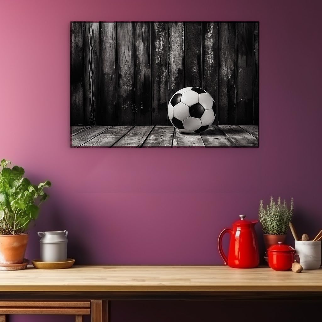 Canvas for Living room. Monochrome Mastery: The Timeless Soccer Ball Against a Wooden Tapestry, 27 x 18 inch Canvas Wall Art - Modern Home Decor