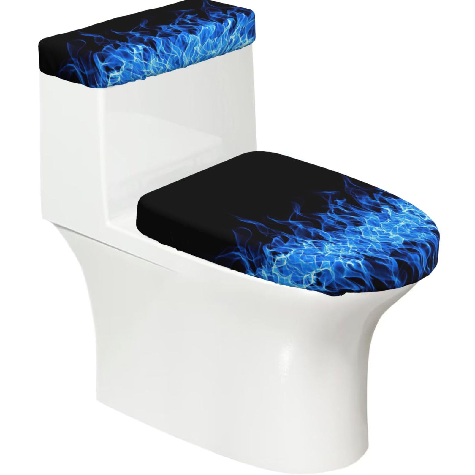 Blue Flame Printed Toilet Tank and Lid Cover Set of 2 for Most Bathrooms, Fits Elongated Round Toilets