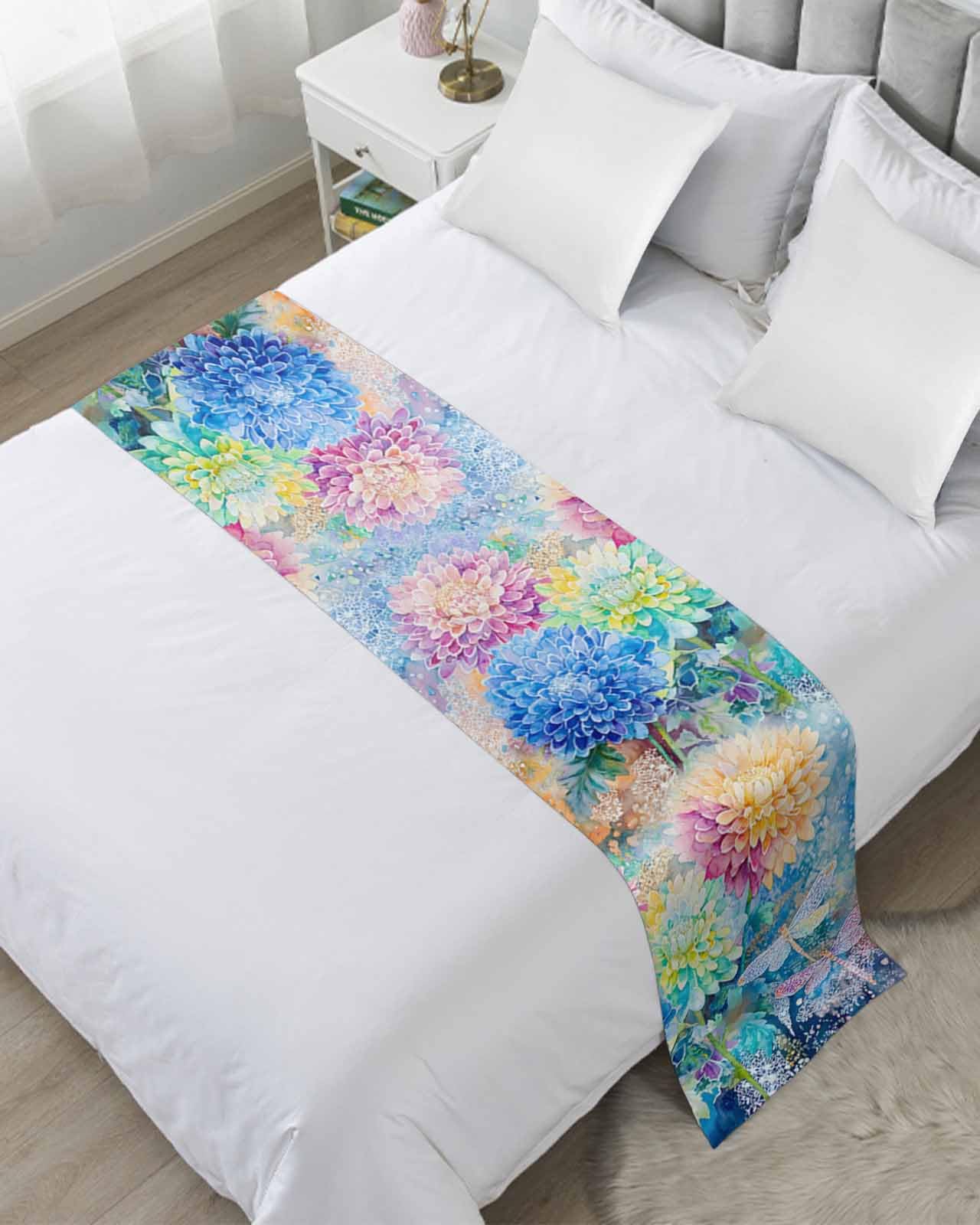 DecorLovee Blue Yellow Spring Floral Bed Runners for King Size Bed, Decorative Bed Throws for Foot of Bed, Watercolor Summer Botanical Bed Runner Sofa Throw Bedding Scarf Protector for Bedroom