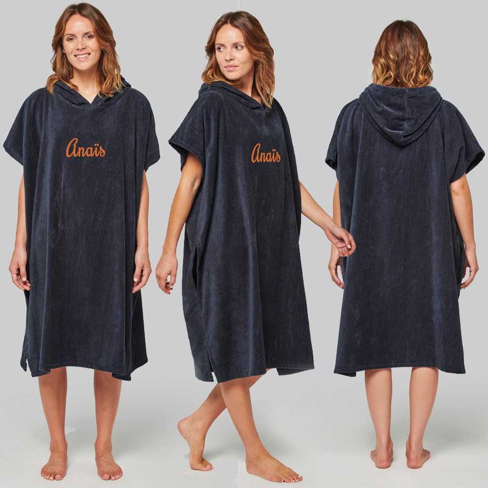Poncho de Bain personnalisé avec Un prénom, Un Texte. Adulte et Enfant (S/M, Noir)