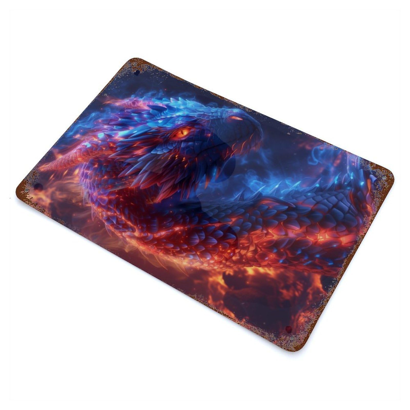 Garage Style Fiery Blue Dragon Aged Metal Wall Plaque 11.8"x7.9", Farmhouse Wall Decor for Bar And Workshop