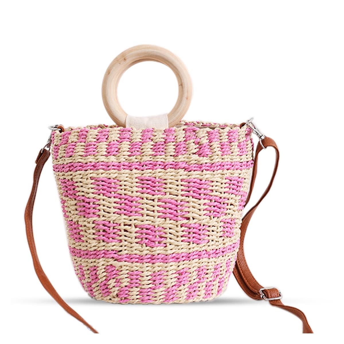 Straw Bag Pink Tote Bag for Women Lattice Handbag with Wooden Carrying Handle Bohemia Handmade Large Capacity Basket